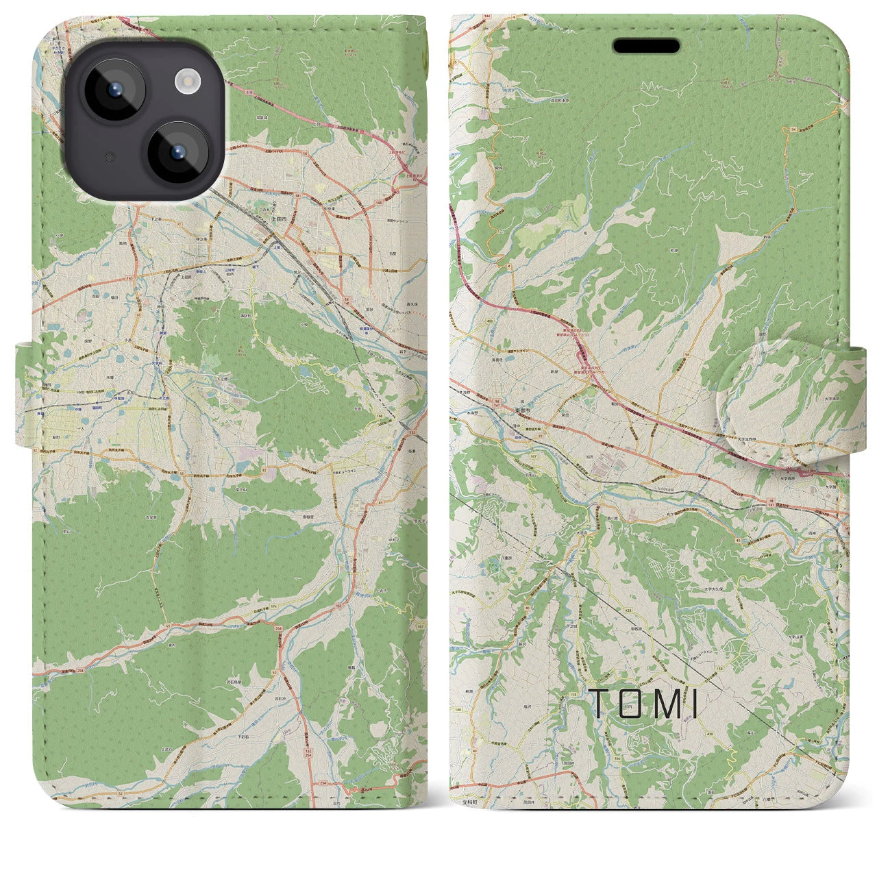 【東御(長野県)】地図柄iPhoneケース(手帳タイプ)ナチュラル・iPhone 14 Plus 用
