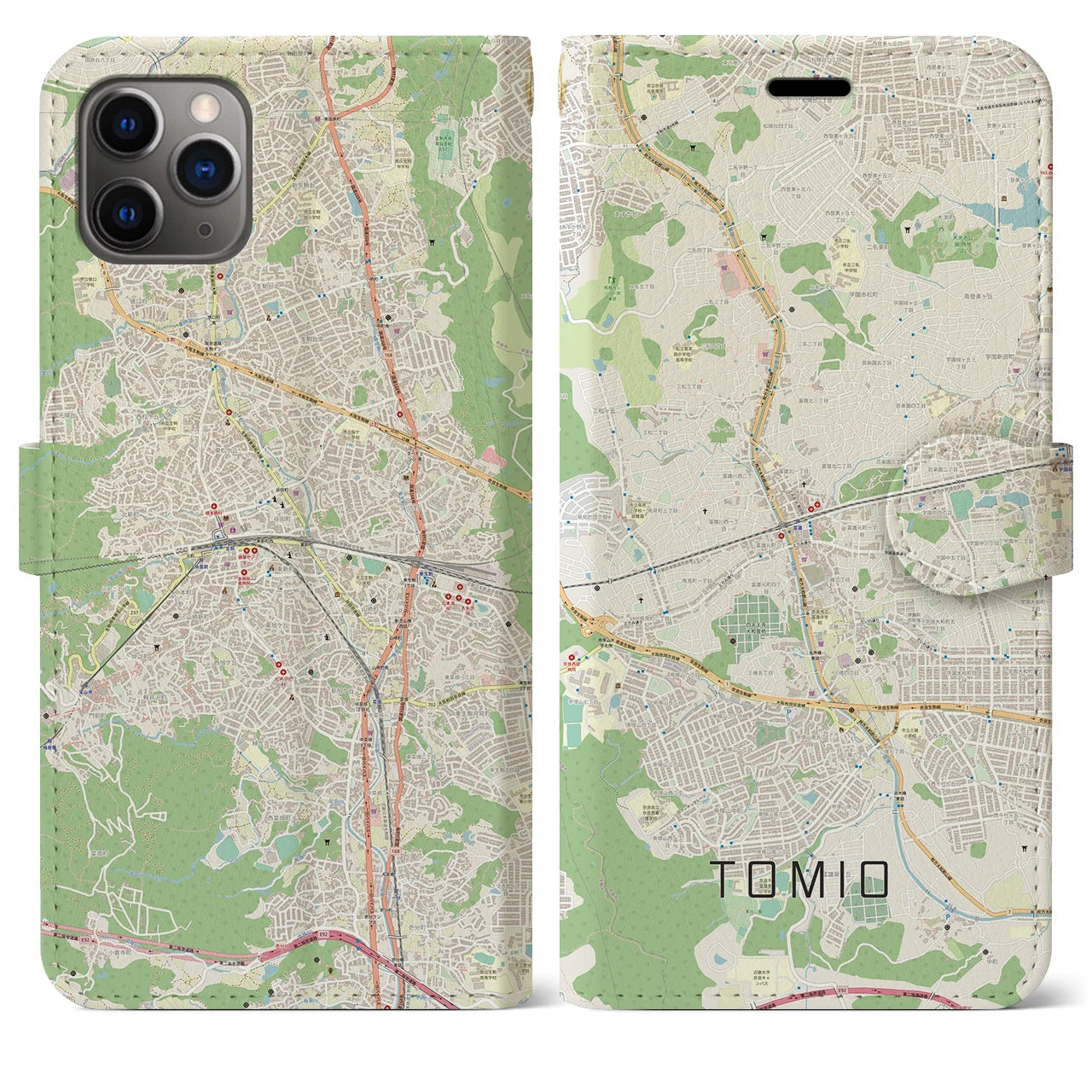 【富雄(奈良県)】地図柄iPhoneケース(手帳タイプ)ナチュラル・iPhone 11 Pro Max 用