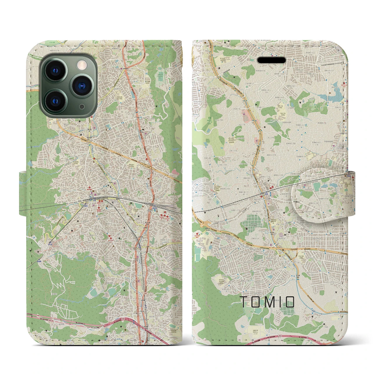 【富雄(奈良県)】地図柄iPhoneケース(手帳タイプ)ナチュラル・iPhone 11 Pro 用