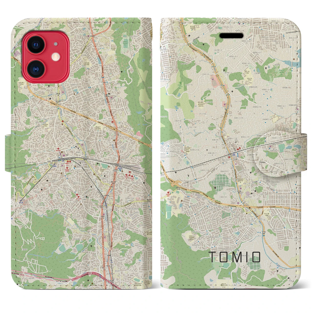 【富雄(奈良県)】地図柄iPhoneケース(手帳タイプ)ナチュラル・iPhone 11 用