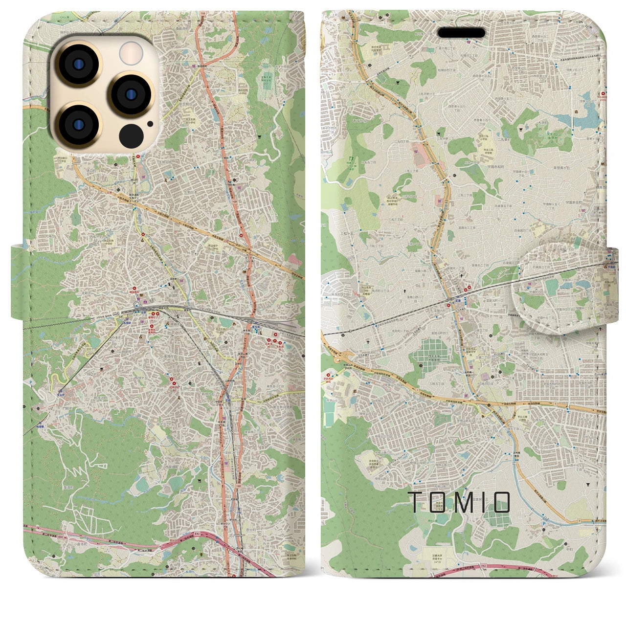 【富雄(奈良県)】地図柄iPhoneケース(手帳タイプ)ナチュラル・iPhone 12 Pro Max 用