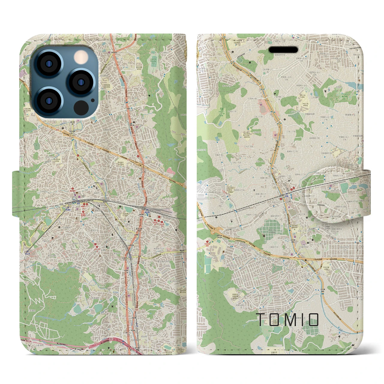 【富雄(奈良県)】地図柄iPhoneケース(手帳タイプ)ナチュラル・iPhone 12 / 12 Pro 用