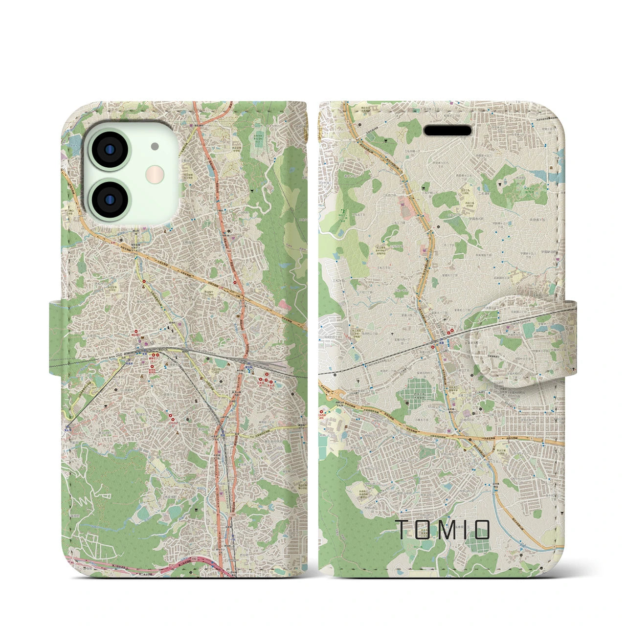【富雄(奈良県)】地図柄iPhoneケース(手帳タイプ)ナチュラル・iPhone 12 mini 用
