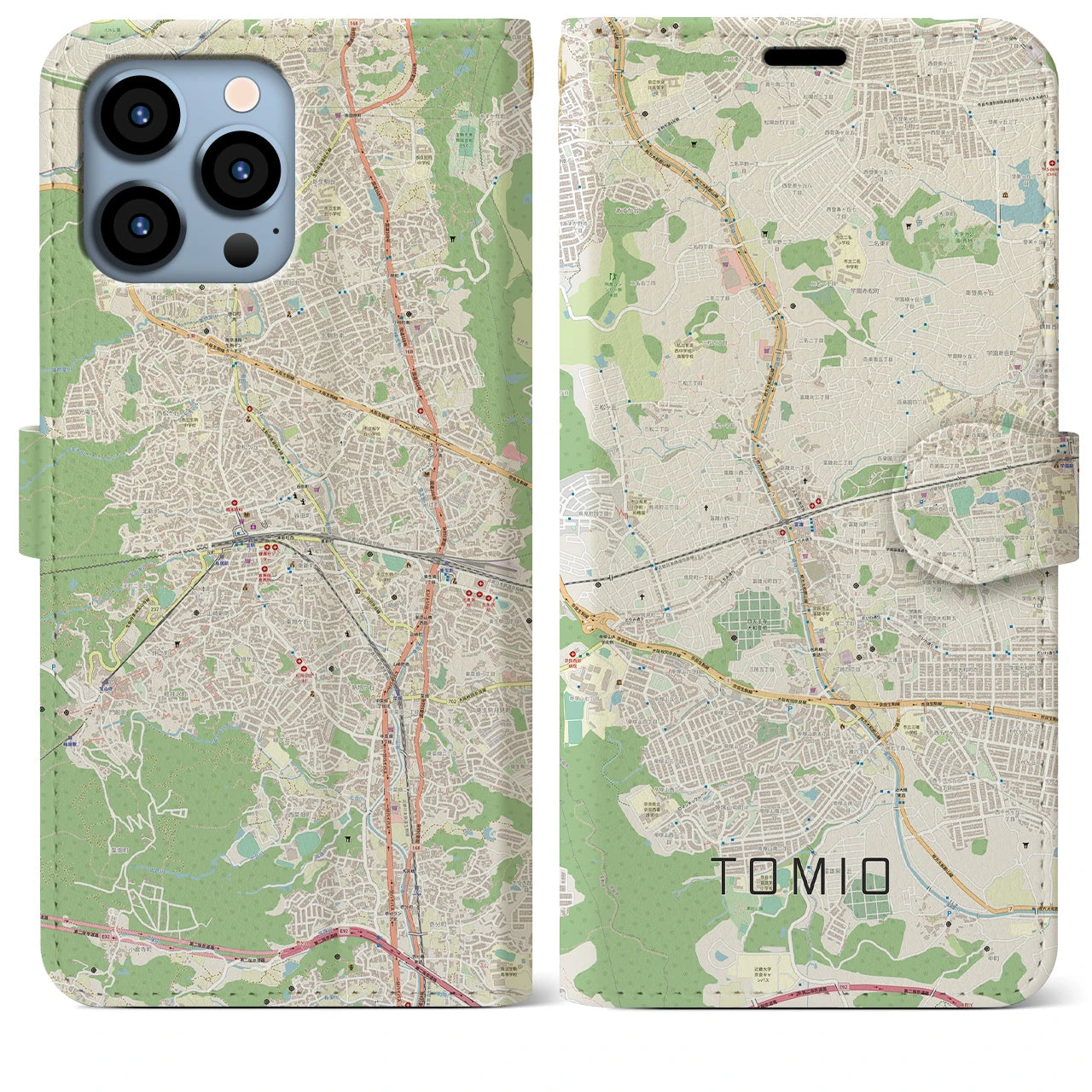 【富雄(奈良県)】地図柄iPhoneケース(手帳タイプ)ナチュラル・iPhone 13 Pro Max 用