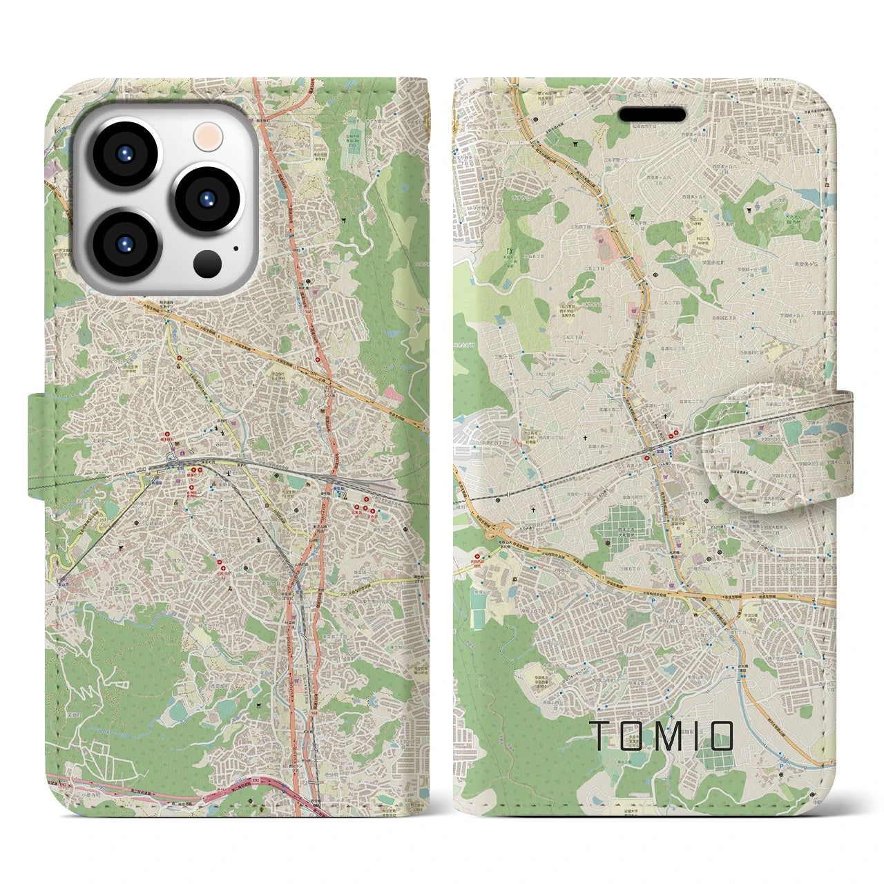 【富雄(奈良県)】地図柄iPhoneケース(手帳タイプ)ナチュラル・iPhone 13 Pro 用