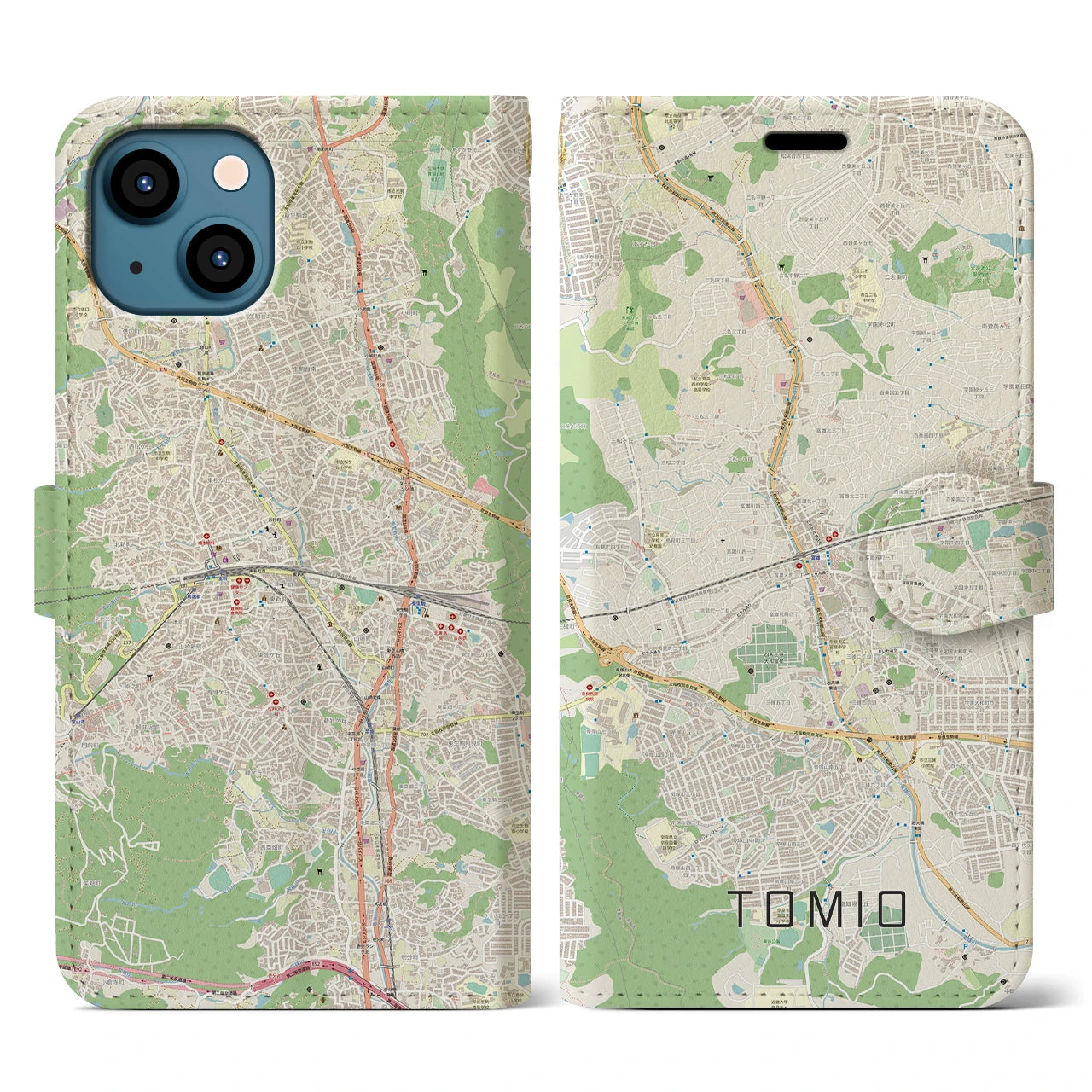 【富雄(奈良県)】地図柄iPhoneケース(手帳タイプ)ナチュラル・iPhone 13 用