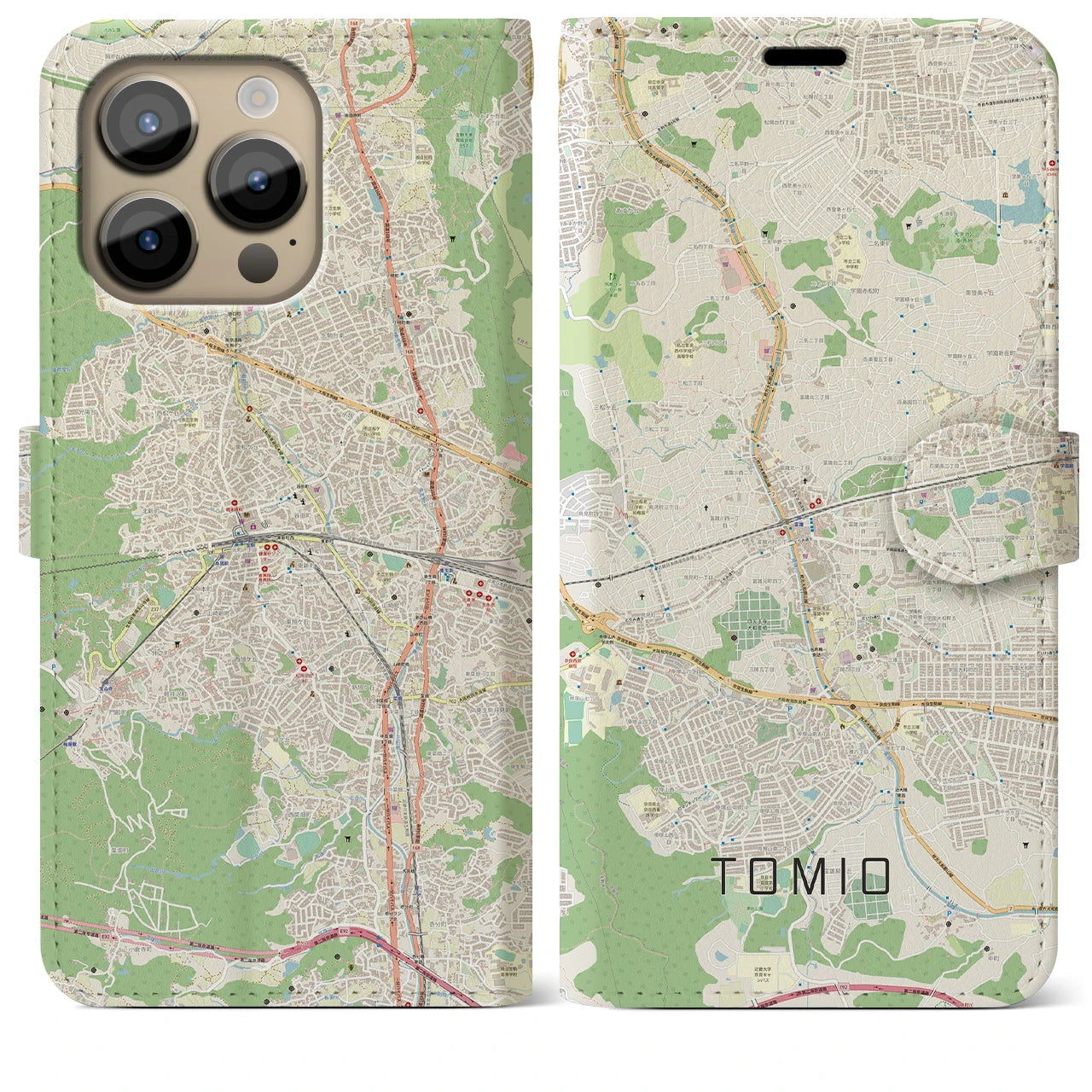【富雄(奈良県)】地図柄iPhoneケース(手帳タイプ)ナチュラル・iPhone 14 Pro Max 用