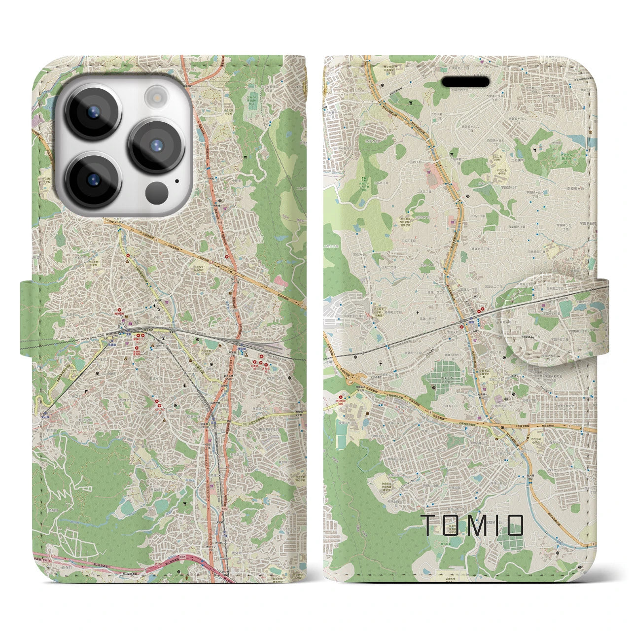 【富雄(奈良県)】地図柄iPhoneケース(手帳タイプ)ナチュラル・iPhone 14 Pro 用