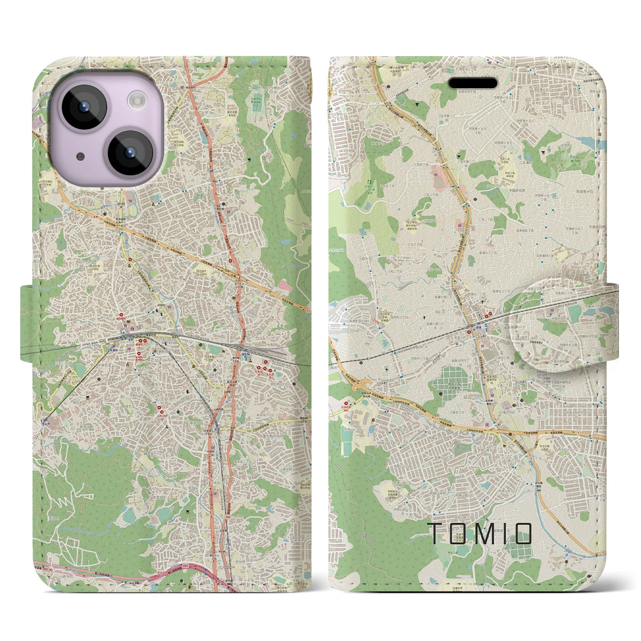 【富雄(奈良県)】地図柄iPhoneケース(手帳タイプ)ナチュラル・iPhone 14 用