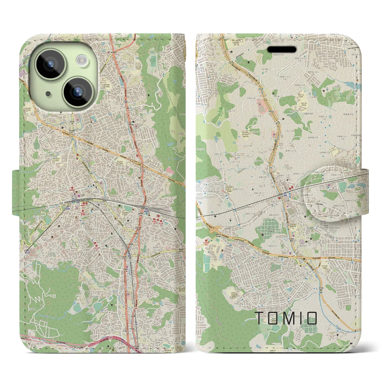 【富雄(奈良県)】地図柄iPhoneケース(手帳タイプ)ナチュラル・iPhone 15 用
