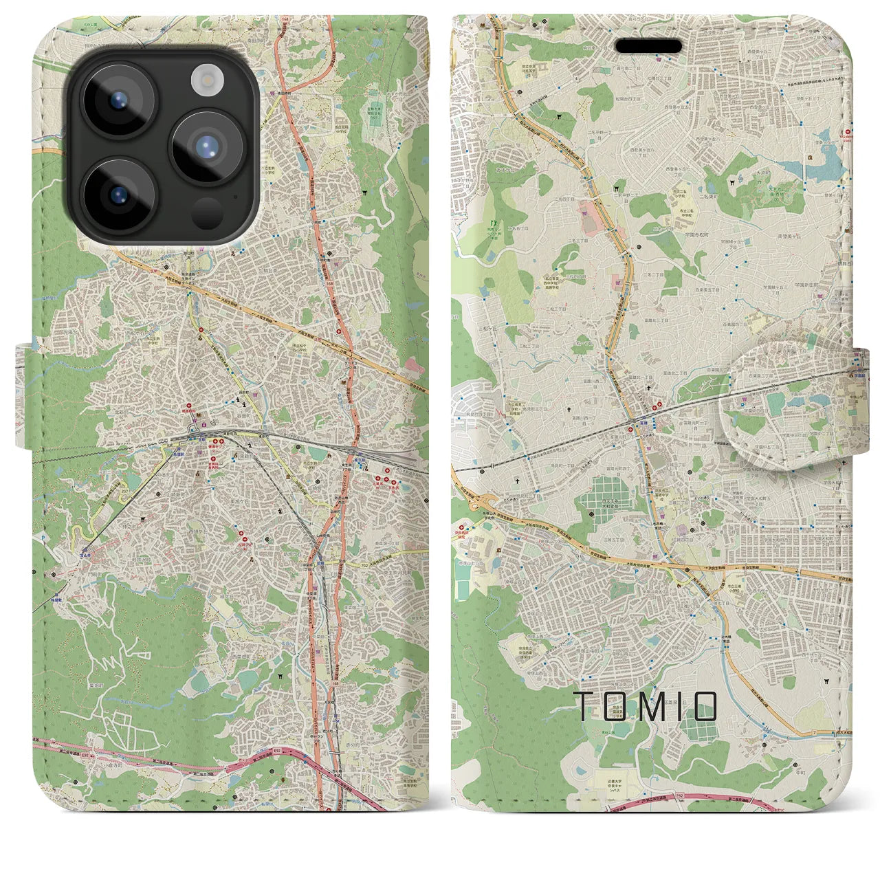 【富雄(奈良県)】地図柄iPhoneケース(手帳タイプ)ナチュラル・iPhone 15 Pro Max 用
