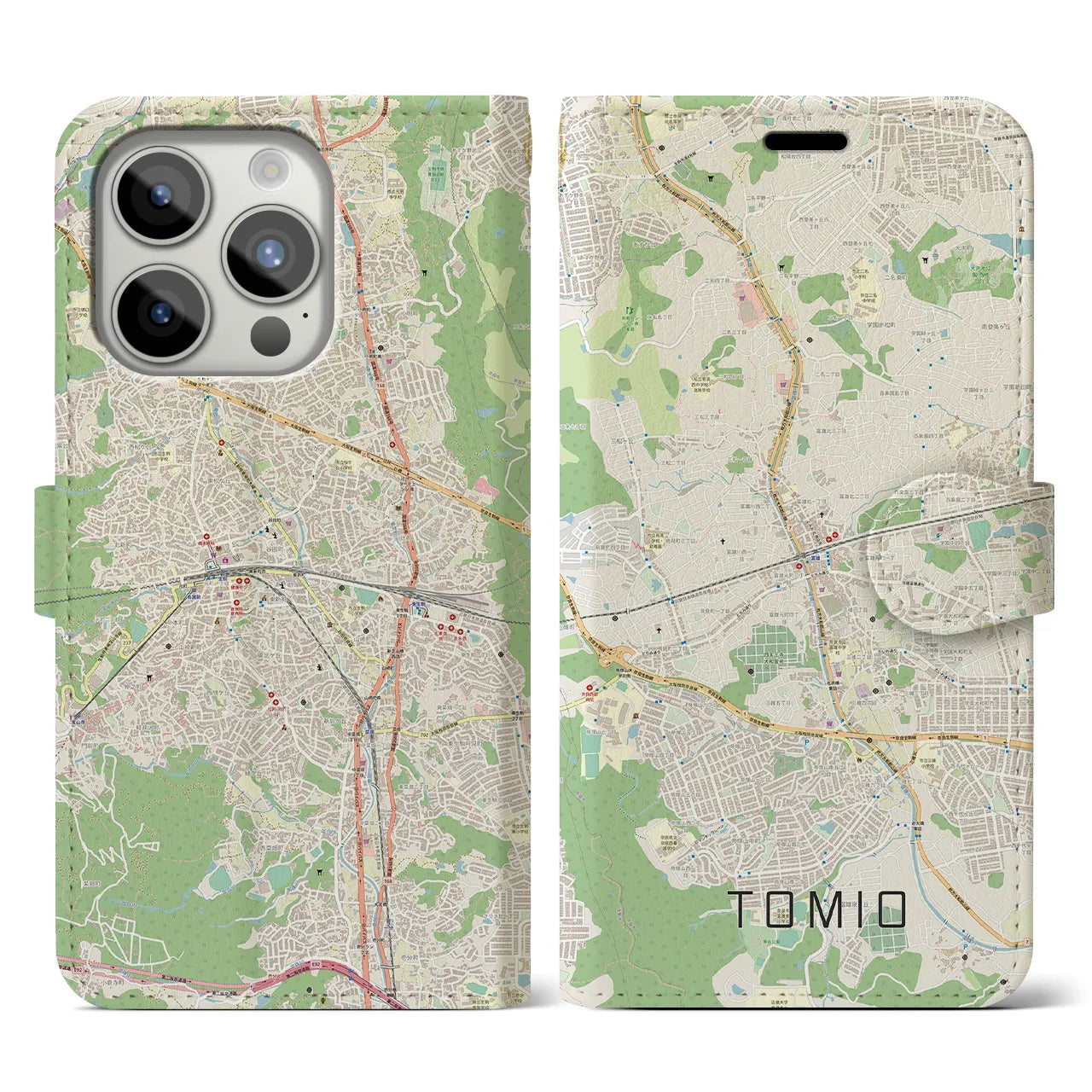 【富雄(奈良県)】地図柄iPhoneケース(手帳タイプ)ナチュラル・iPhone 15 Pro 用
