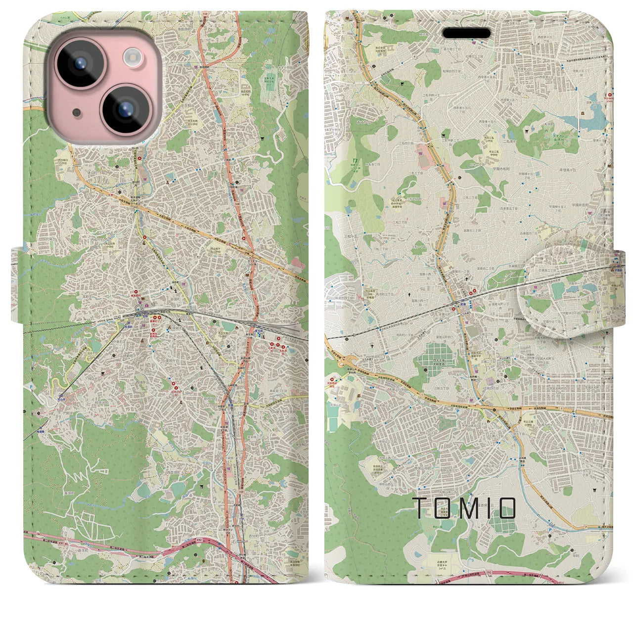 【富雄(奈良県)】地図柄iPhoneケース(手帳タイプ)ナチュラル・iPhone 15 Plus 用