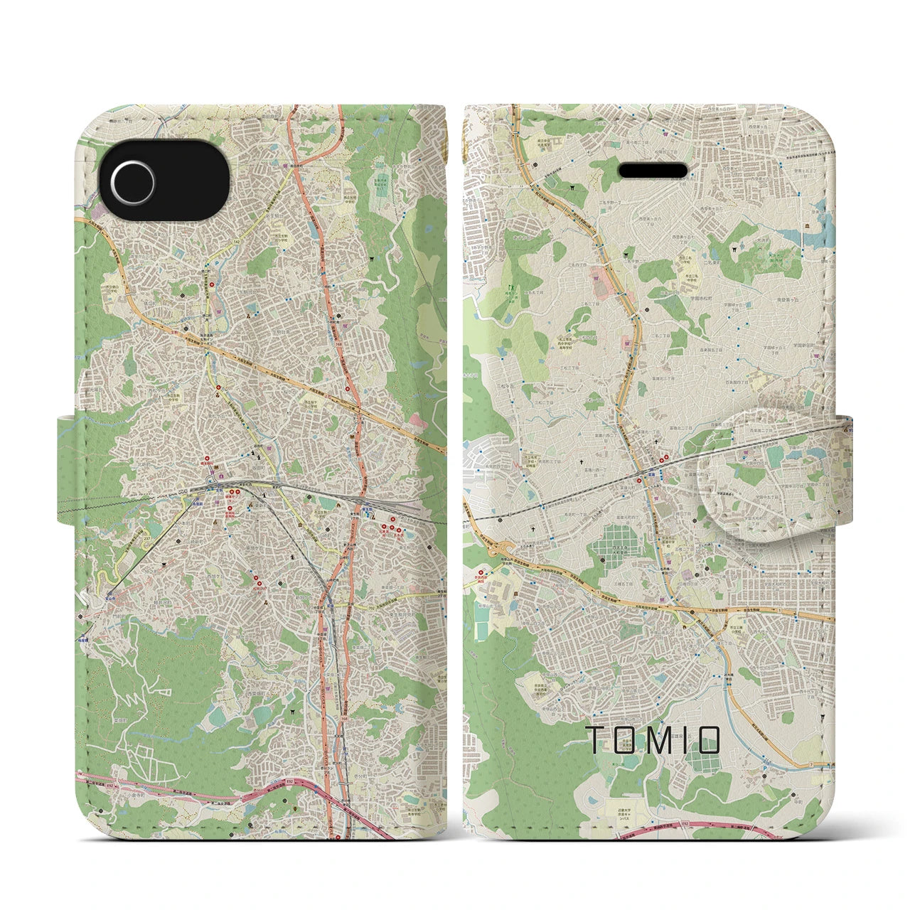 【富雄(奈良県)】地図柄iPhoneケース(手帳タイプ)ナチュラル・iPhone SE(第3 / 第2世代) / 8 / 7 / 6s / 6 用