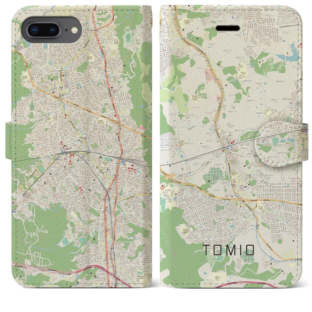 【富雄(奈良県)】地図柄iPhoneケース(手帳タイプ)ナチュラル・iPhone 8Plus /7Plus / 6sPlus / 6Plus 用
