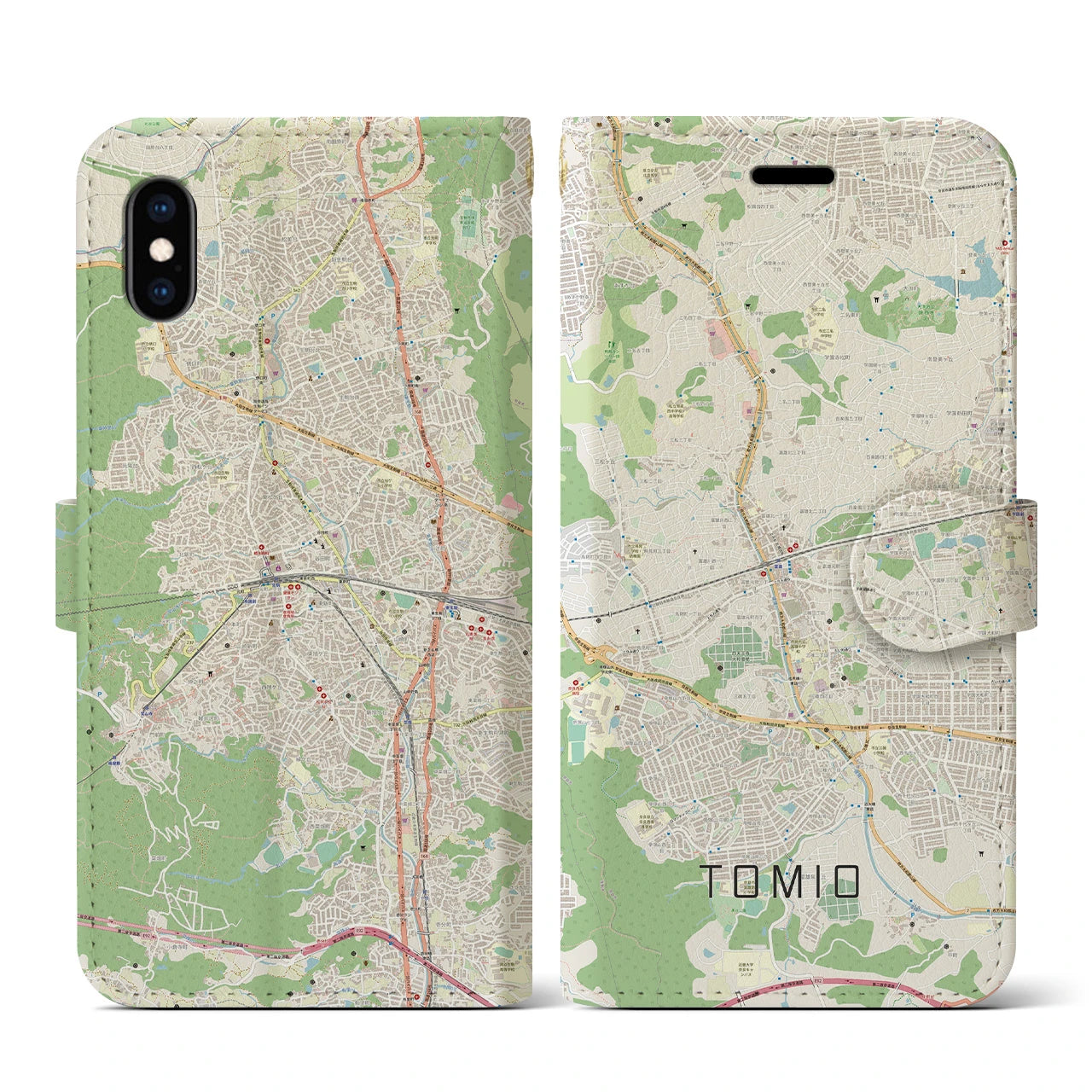【富雄(奈良県)】地図柄iPhoneケース(手帳タイプ)ナチュラル・iPhone XS / X 用