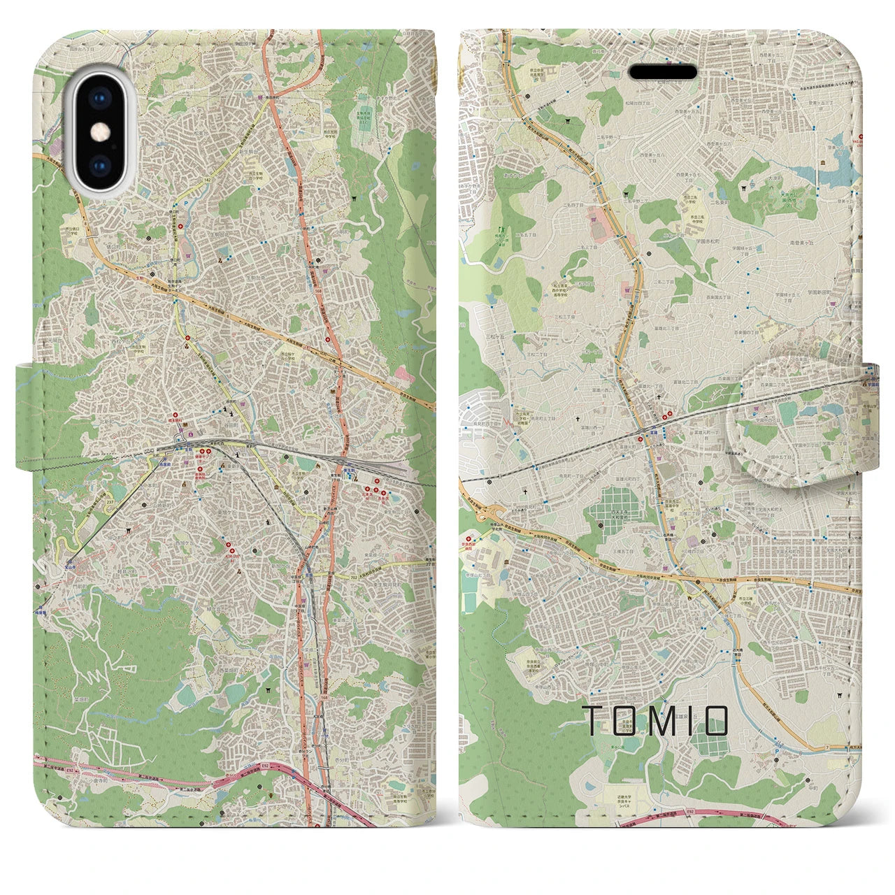 【富雄(奈良県)】地図柄iPhoneケース(手帳タイプ)ナチュラル・iPhone XS Max 用