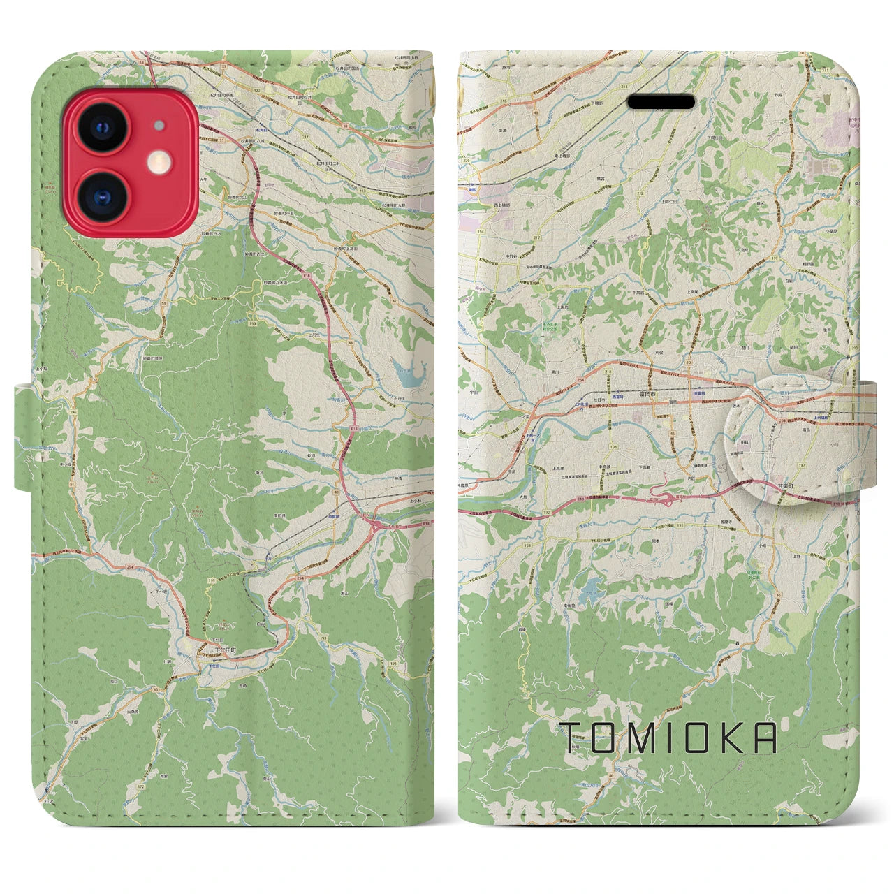 【富岡(群馬県)】地図柄iPhoneケース(手帳タイプ)ナチュラル・iPhone 11 用