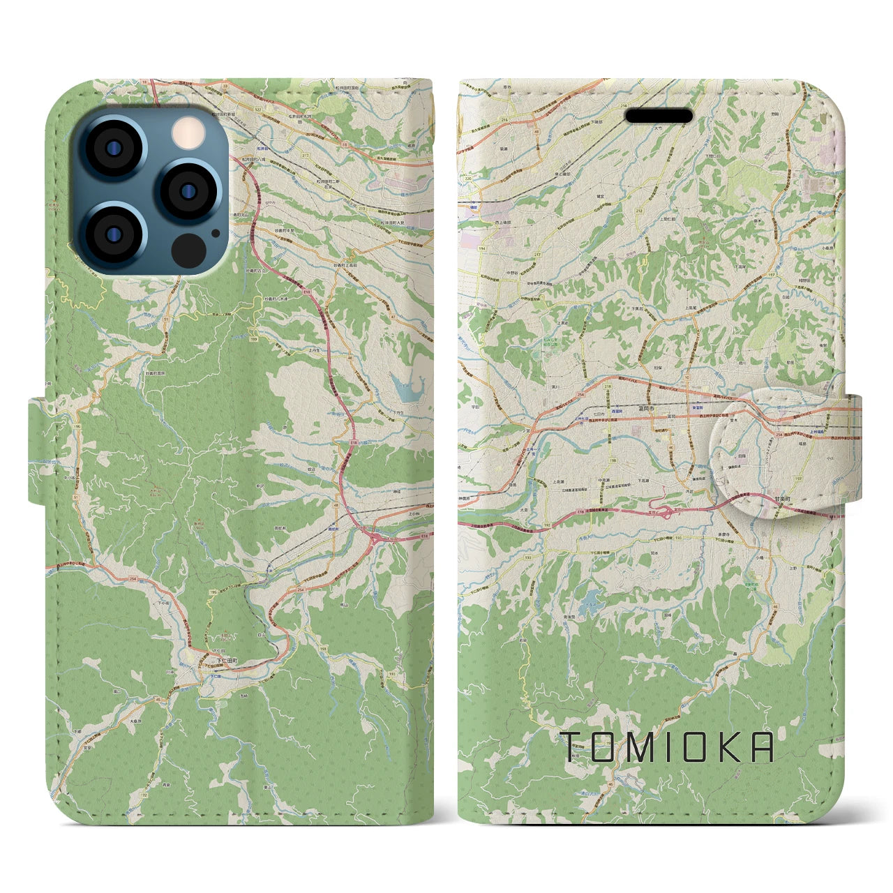 【富岡(群馬県)】地図柄iPhoneケース(手帳タイプ)ナチュラル・iPhone 12 / 12 Pro 用