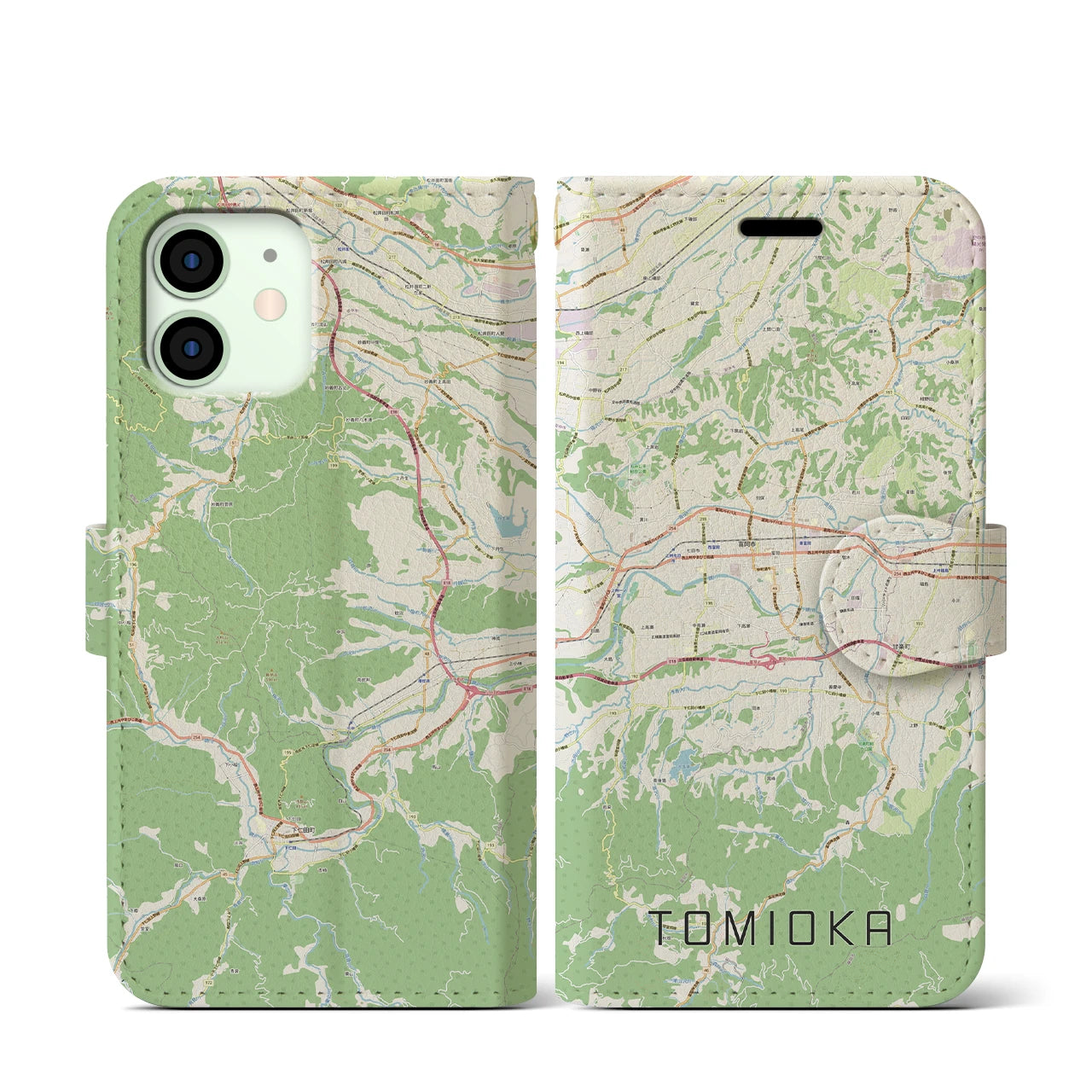 【富岡(群馬県)】地図柄iPhoneケース(手帳タイプ)ナチュラル・iPhone 12 mini 用