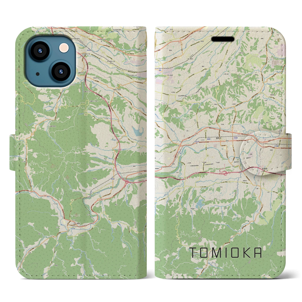 【富岡(群馬県)】地図柄iPhoneケース(手帳タイプ)ナチュラル・iPhone 13 用