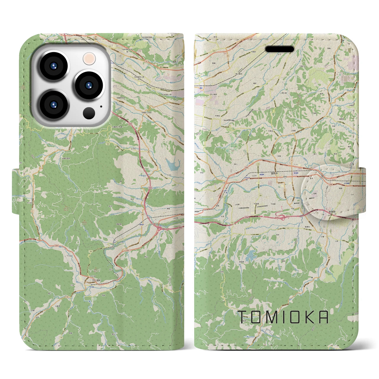 【富岡(群馬県)】地図柄iPhoneケース(手帳タイプ)ナチュラル・iPhone 13 Pro 用