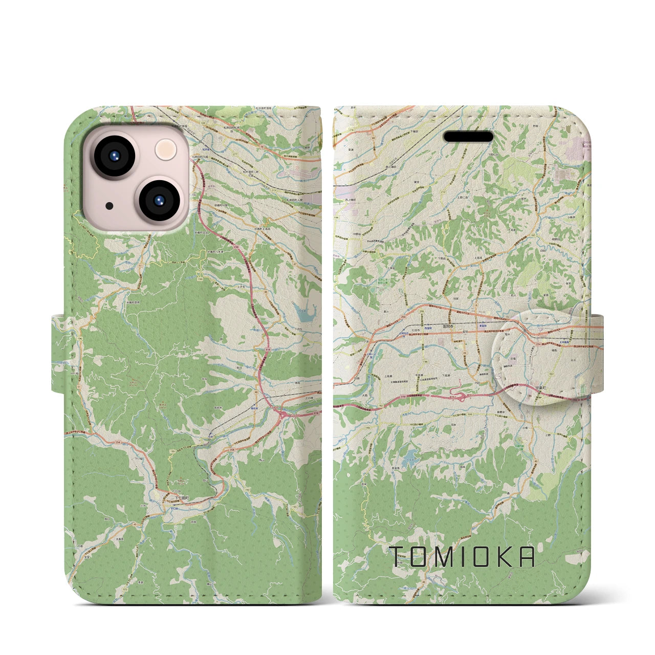 【富岡(群馬県)】地図柄iPhoneケース(手帳タイプ)ナチュラル・iPhone 13 mini 用