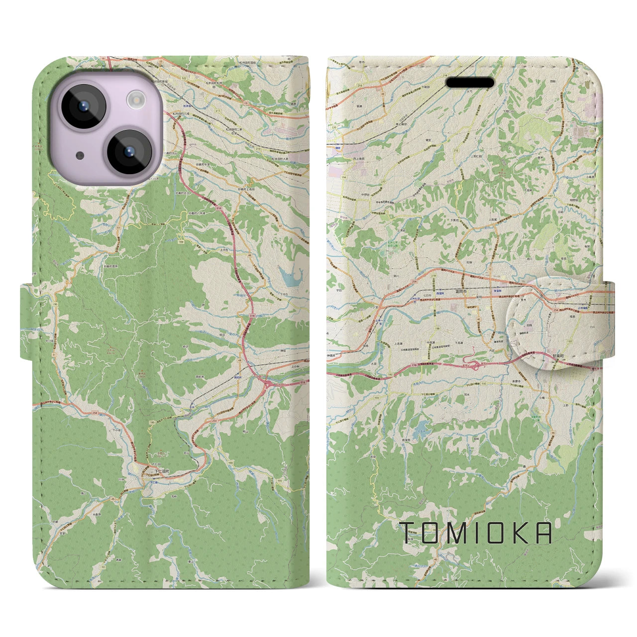 【富岡(群馬県)】地図柄iPhoneケース(手帳タイプ)ナチュラル・iPhone 14 用