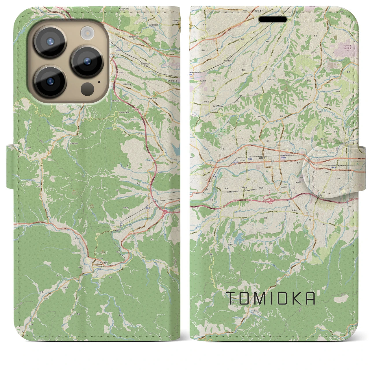 【富岡(群馬県)】地図柄iPhoneケース(手帳タイプ)ナチュラル・iPhone 14 Pro Max 用