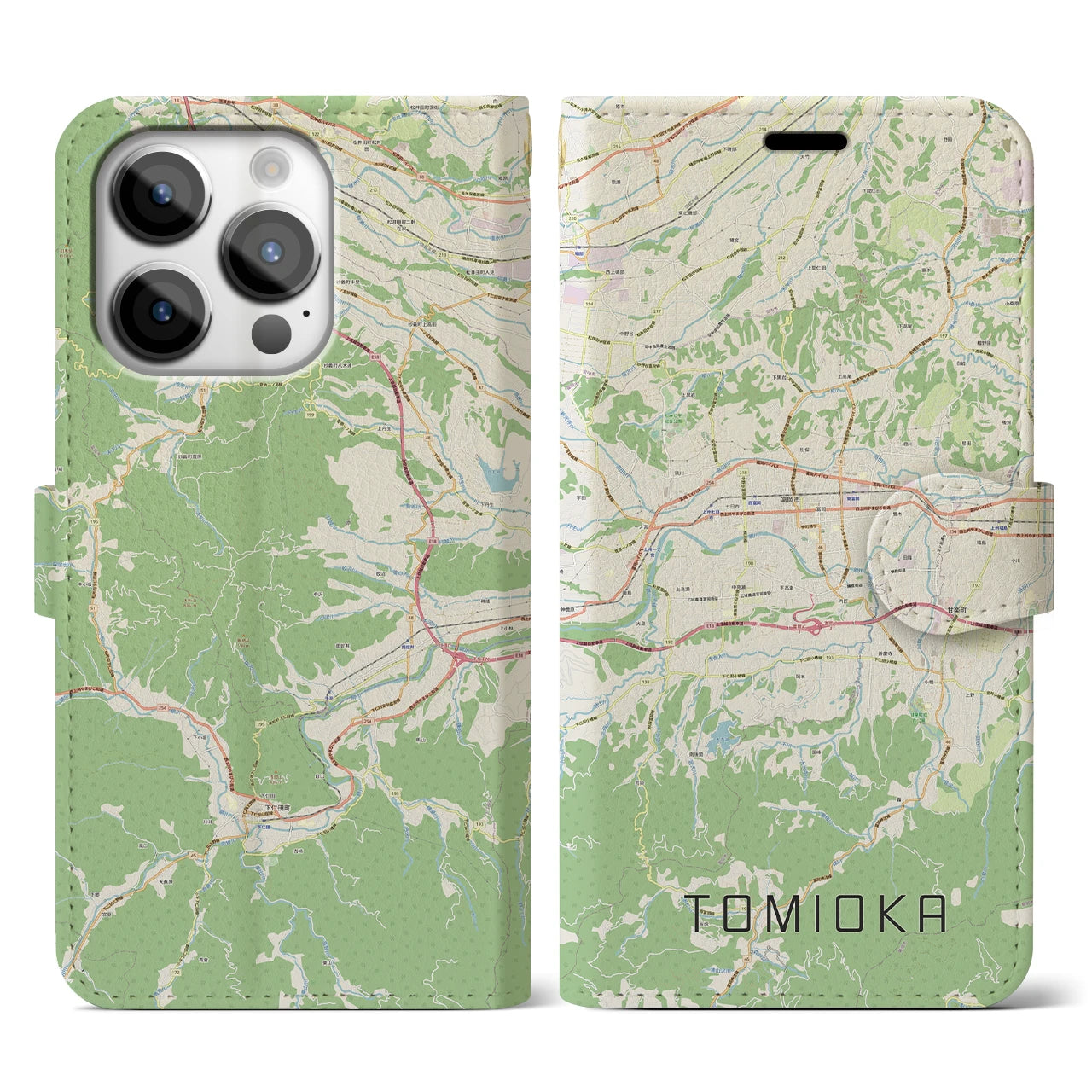 【富岡(群馬県)】地図柄iPhoneケース(手帳タイプ)ナチュラル・iPhone 14 Pro 用