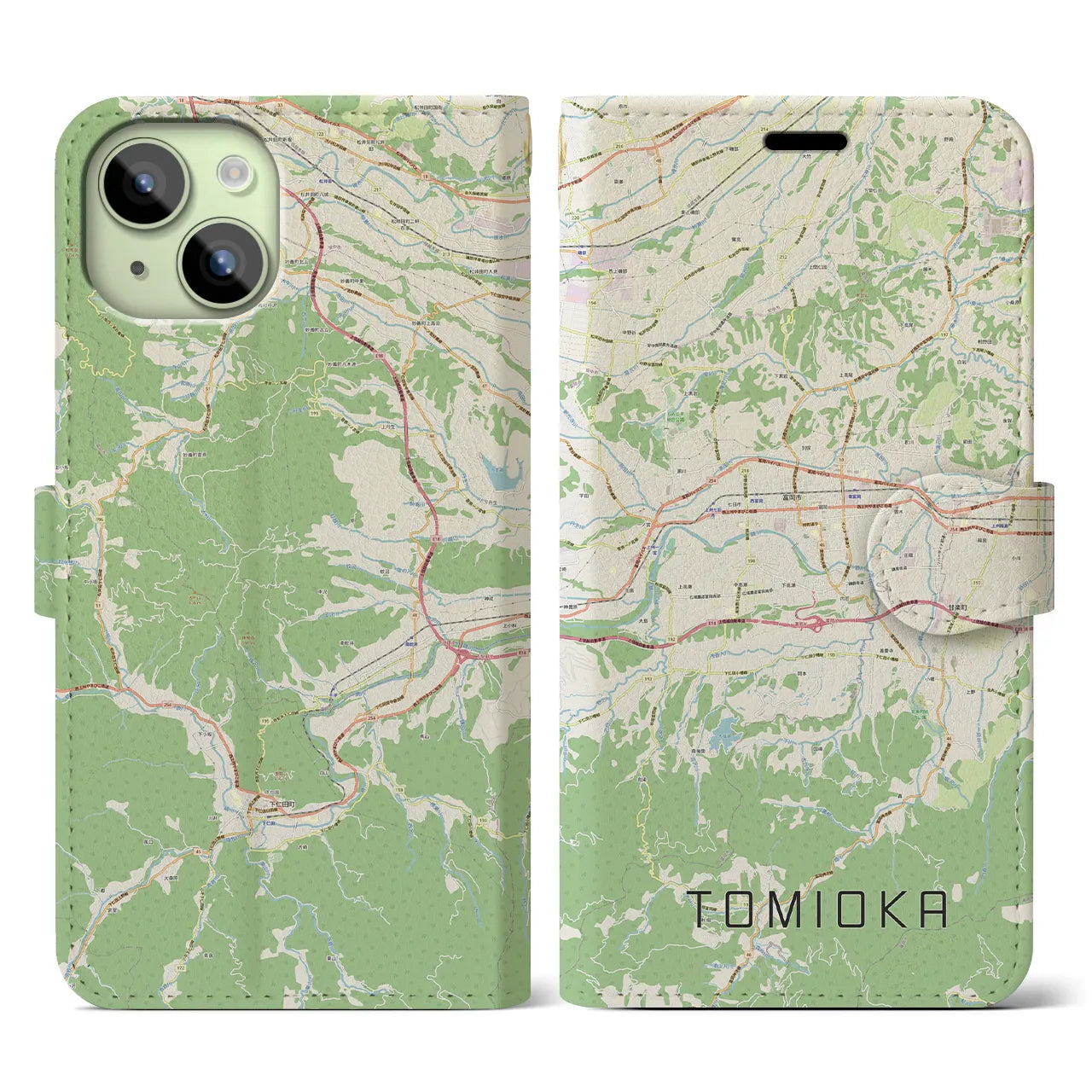 【富岡(群馬県)】地図柄iPhoneケース(手帳タイプ)ナチュラル・iPhone 15 用