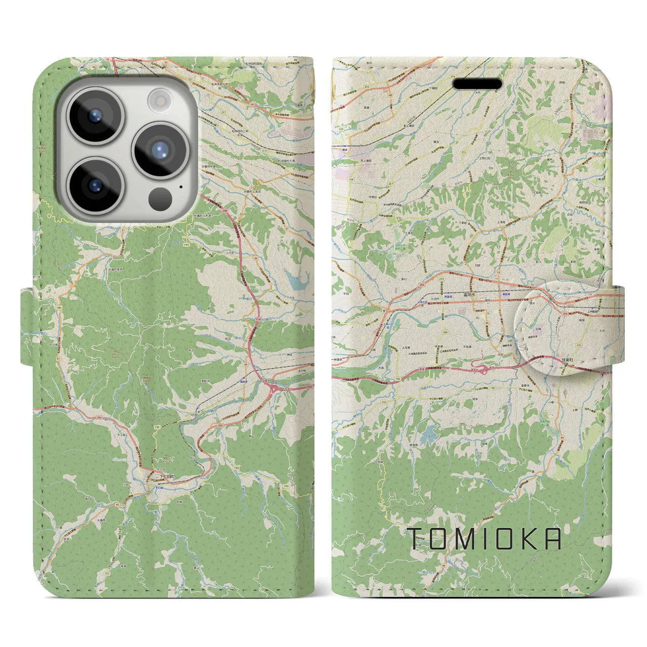 【富岡(群馬県)】地図柄iPhoneケース(手帳タイプ)ナチュラル・iPhone 15 Pro 用