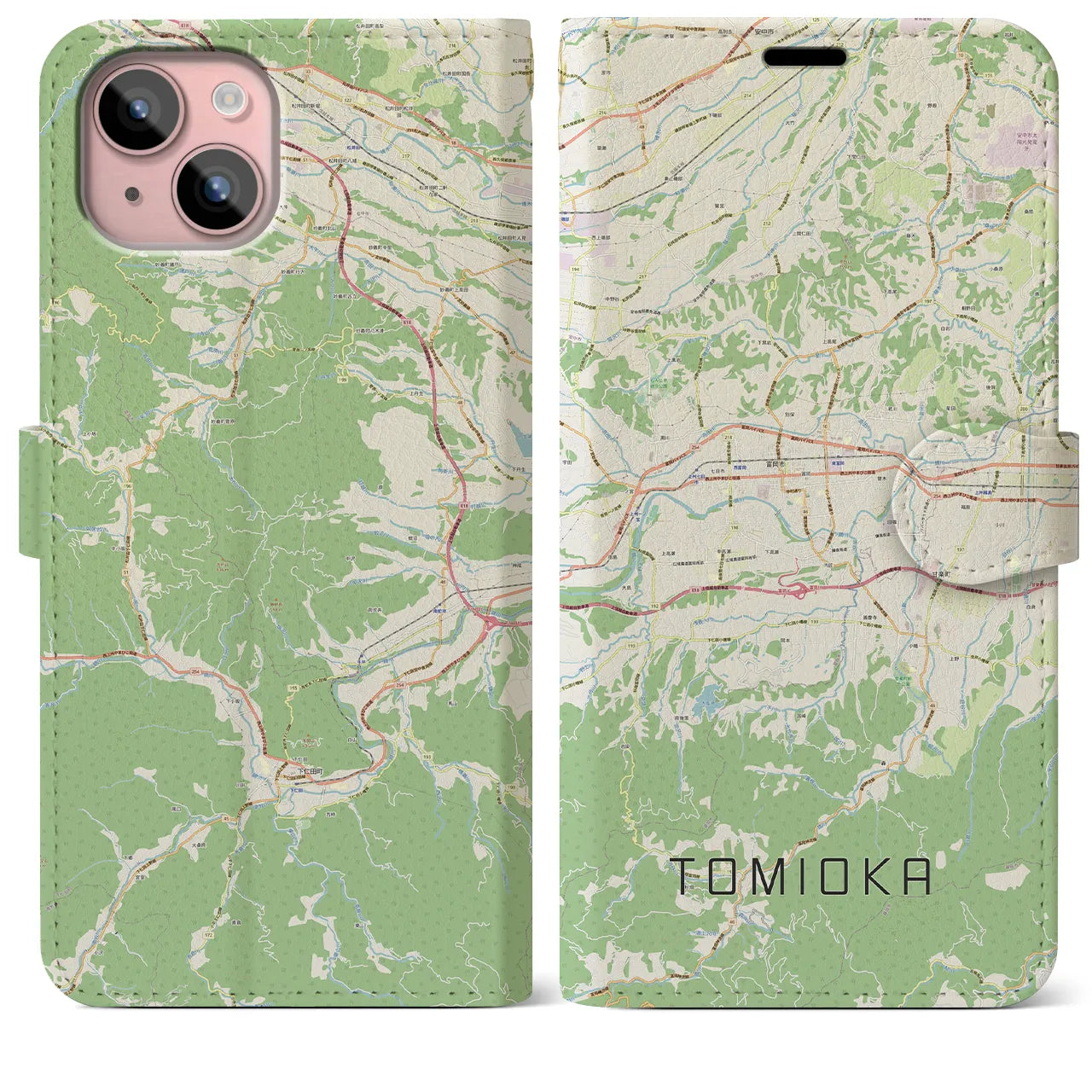 【富岡(群馬県)】地図柄iPhoneケース(手帳タイプ)ナチュラル・iPhone 15 Plus 用