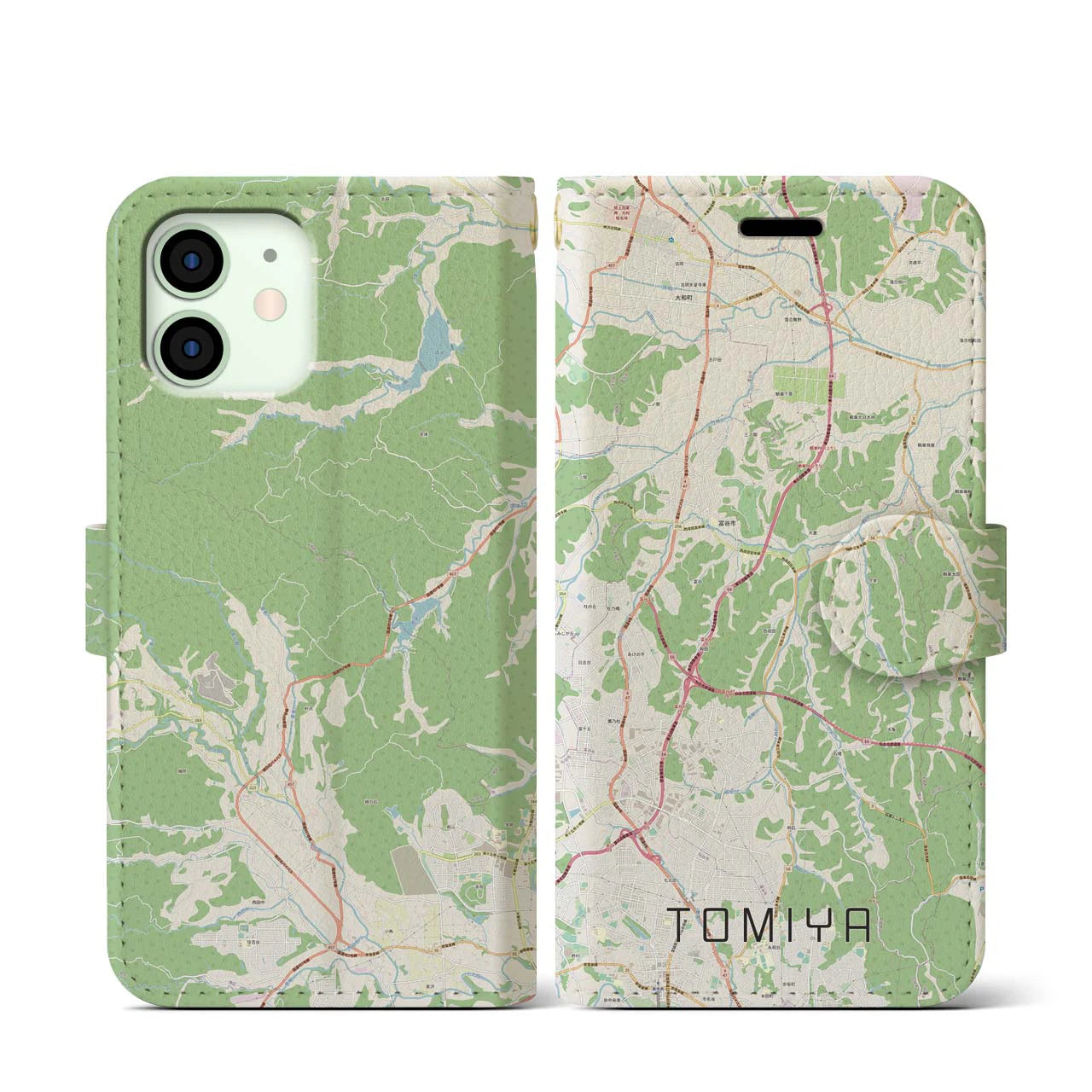 【富谷(宮城県)】地図柄iPhoneケース(手帳タイプ)ナチュラル・iPhone 12 mini 用