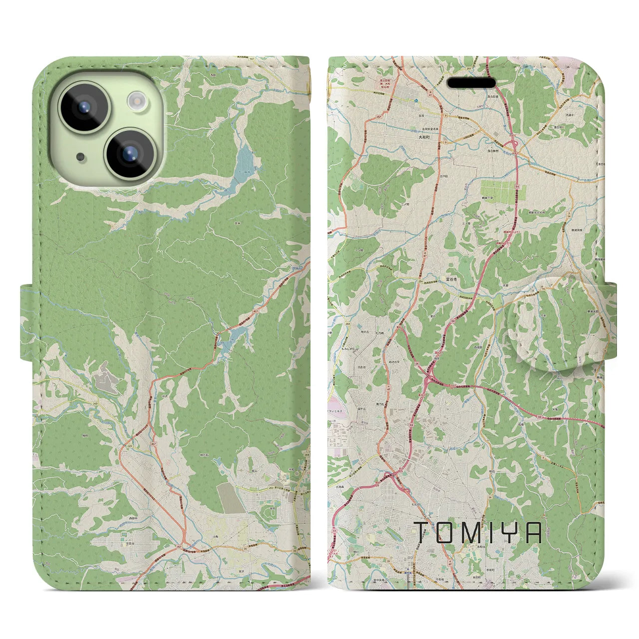 【富谷(宮城県)】地図柄iPhoneケース(手帳タイプ)ナチュラル・iPhone 15 用