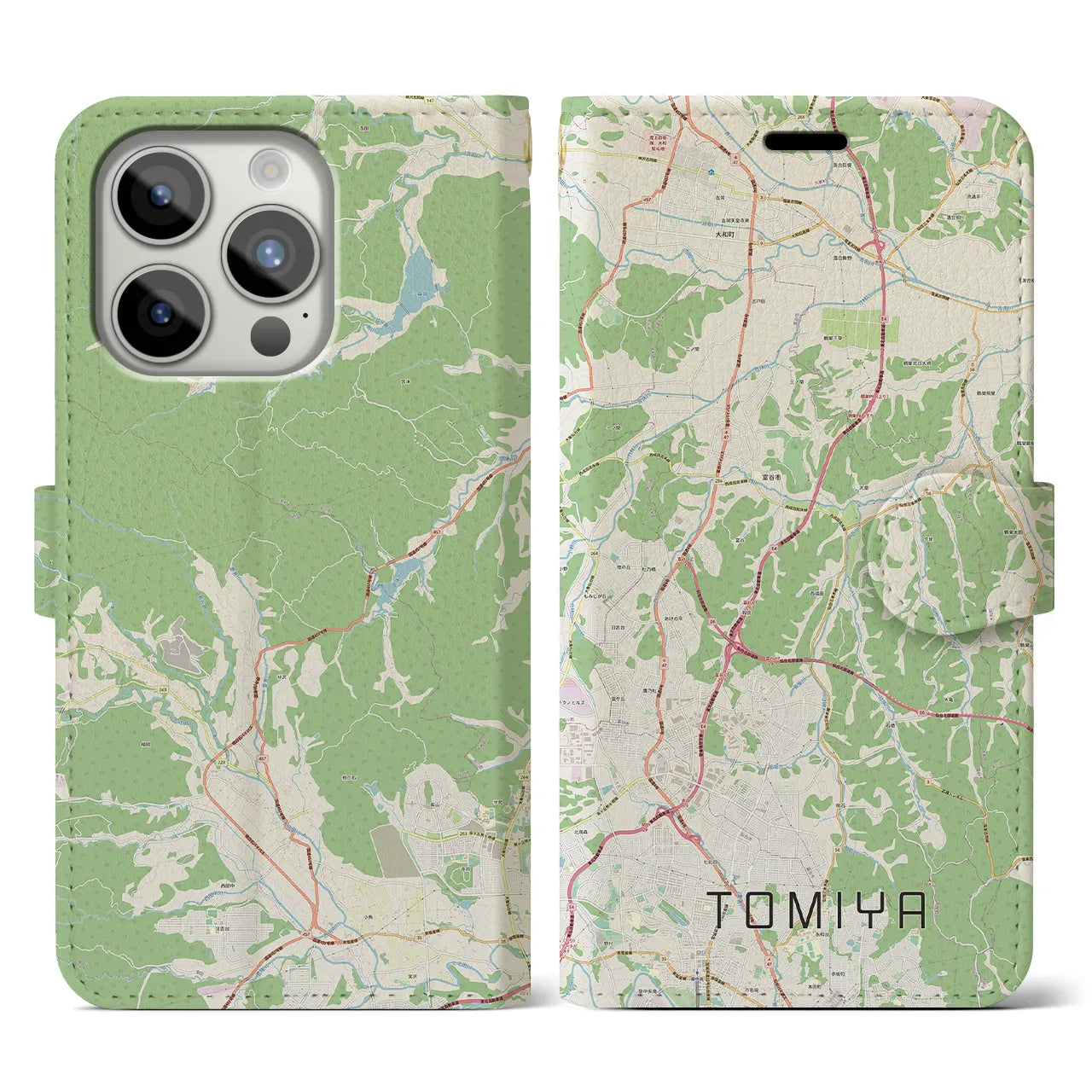 【富谷(宮城県)】地図柄iPhoneケース(手帳タイプ)ナチュラル・iPhone 15 Pro 用