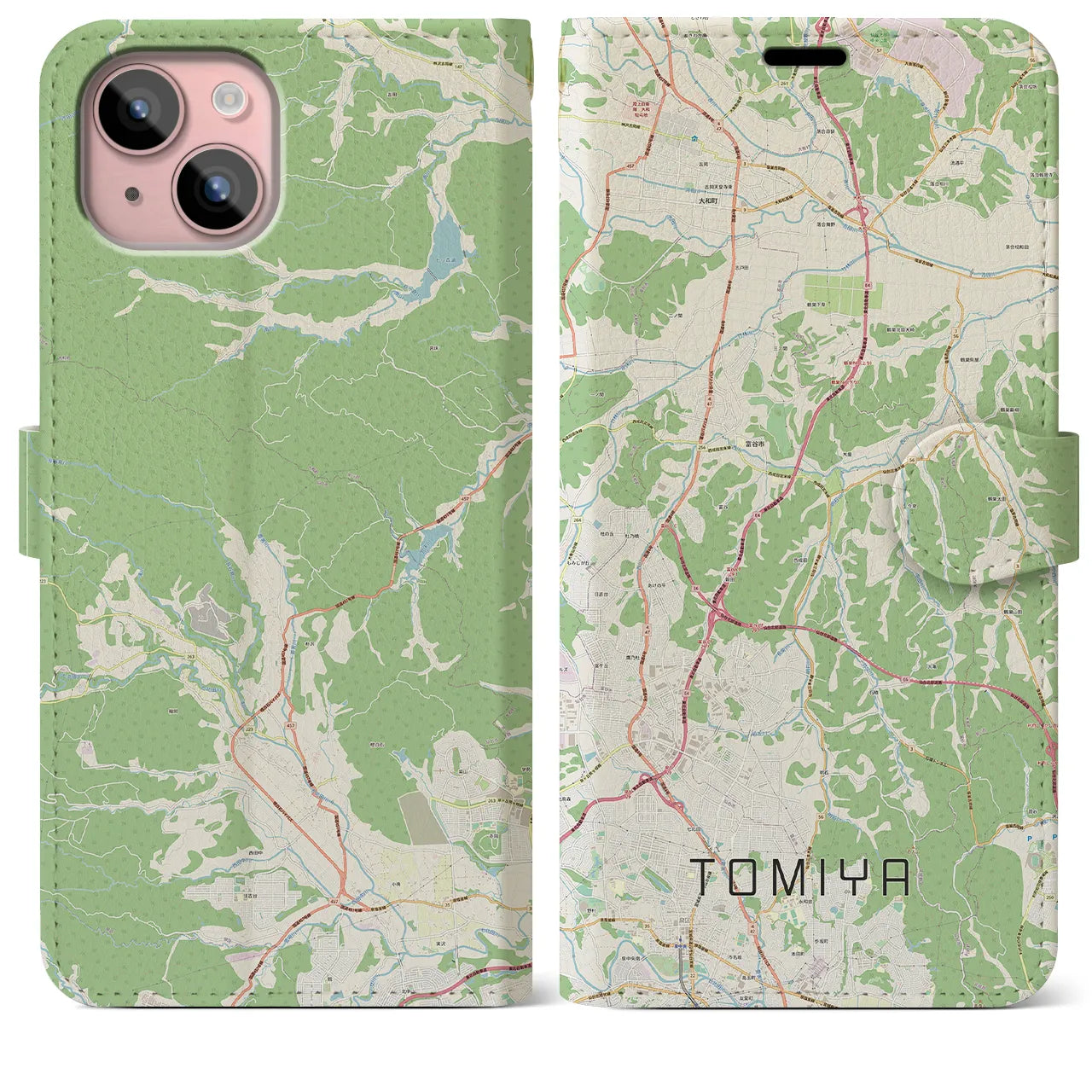 【富谷(宮城県)】地図柄iPhoneケース(手帳タイプ)ナチュラル・iPhone 15 Plus 用
