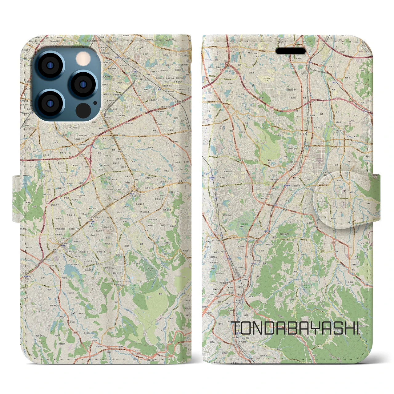 【富田林(大阪府)】地図柄iPhoneケース(手帳タイプ)ナチュラル・iPhone 12 / 12 Pro 用