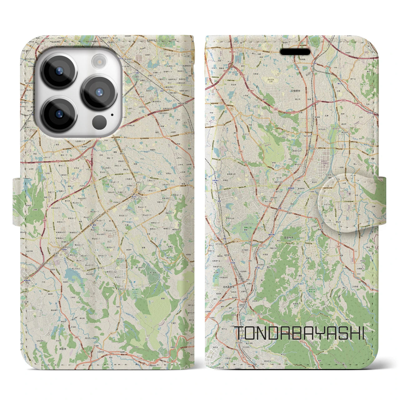 【富田林(大阪府)】地図柄iPhoneケース(手帳タイプ)ナチュラル・iPhone 14 Pro 用