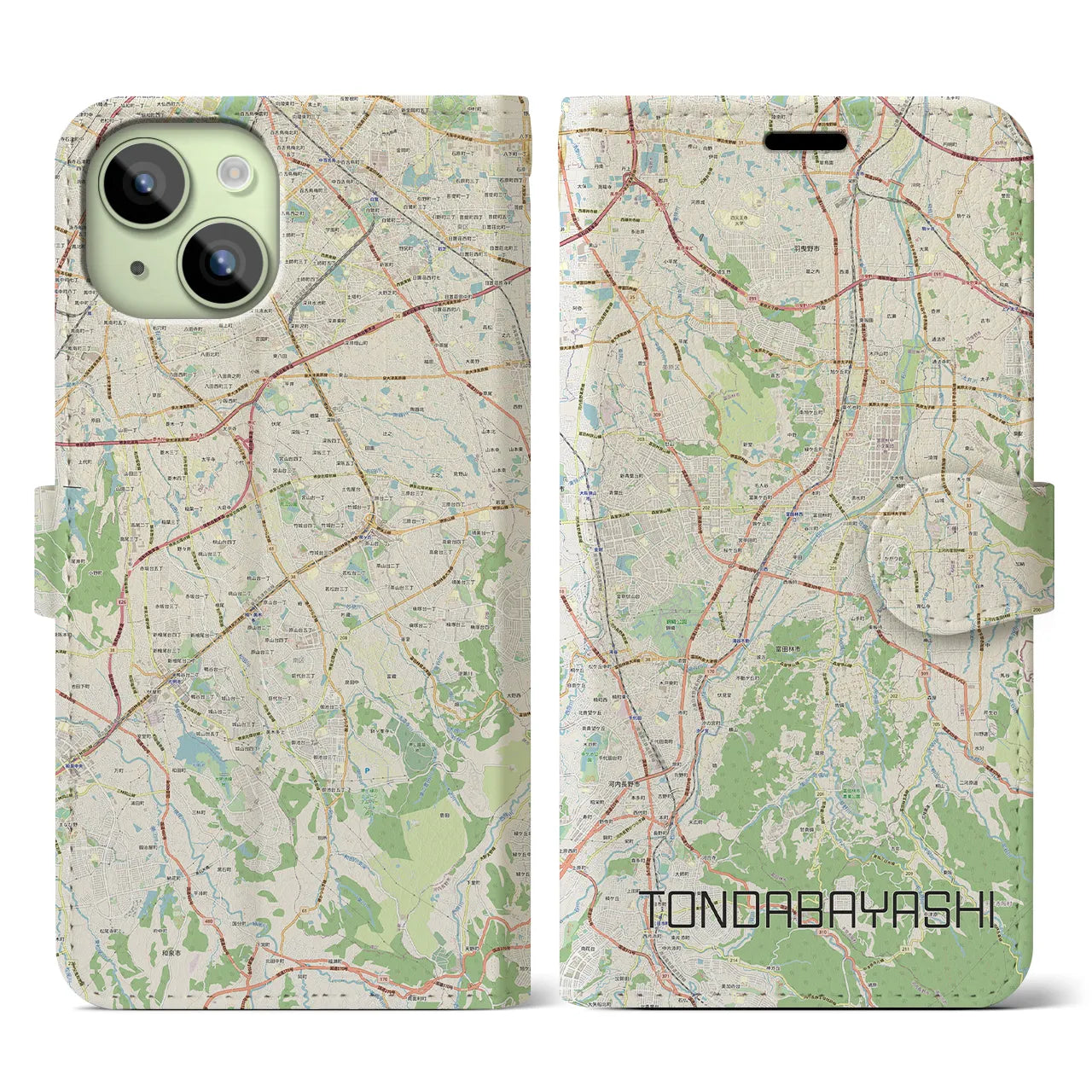 【富田林(大阪府)】地図柄iPhoneケース(手帳タイプ)ナチュラル・iPhone 15 用