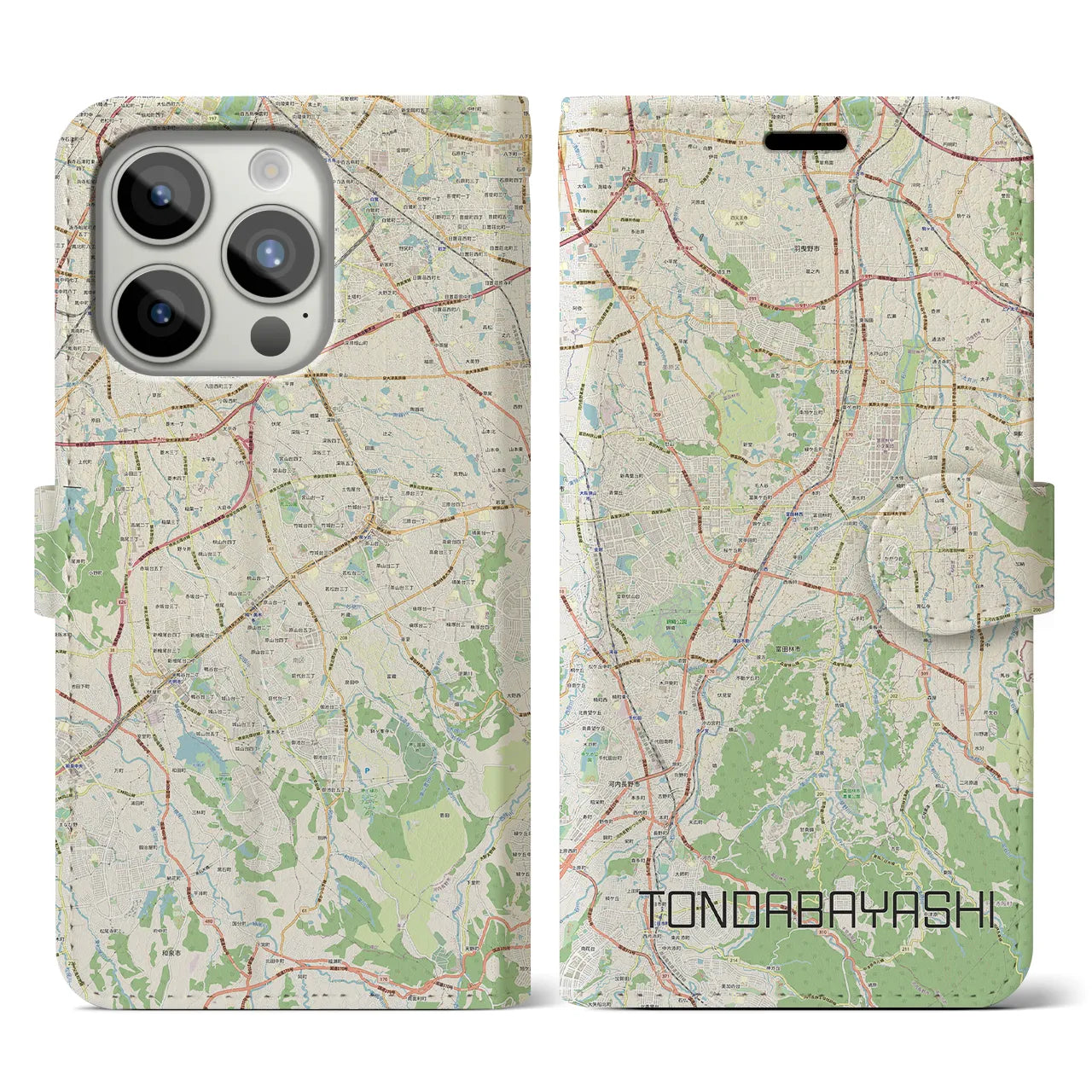 【富田林(大阪府)】地図柄iPhoneケース(手帳タイプ)ナチュラル・iPhone 15 Pro 用