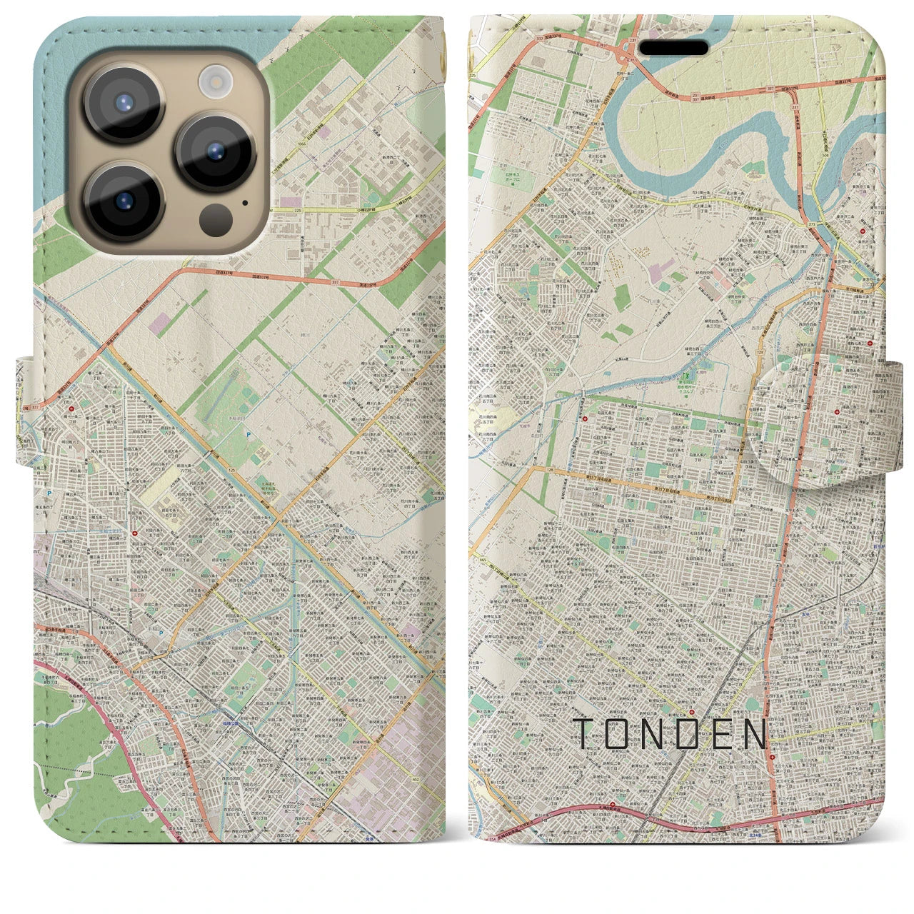 【屯田(北海道)】地図柄iPhoneケース(手帳タイプ)ナチュラル・iPhone 14 Pro Max 用