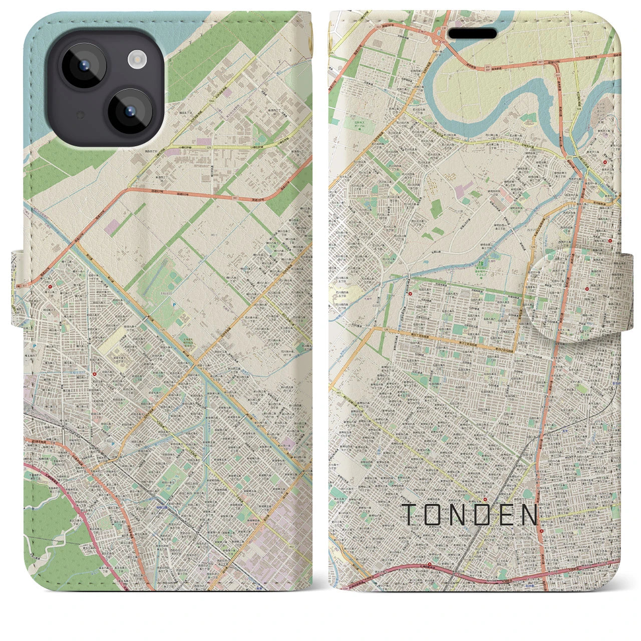 【屯田(北海道)】地図柄iPhoneケース(手帳タイプ)ナチュラル・iPhone 14 Plus 用