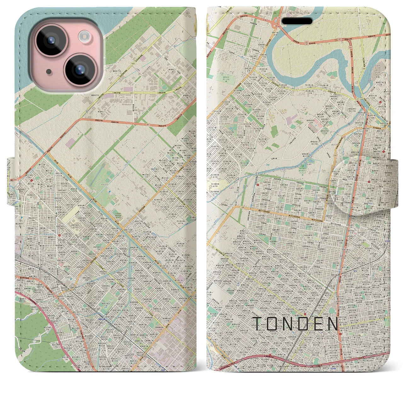 【屯田(北海道)】地図柄iPhoneケース(手帳タイプ)ナチュラル・iPhone 15 Plus 用