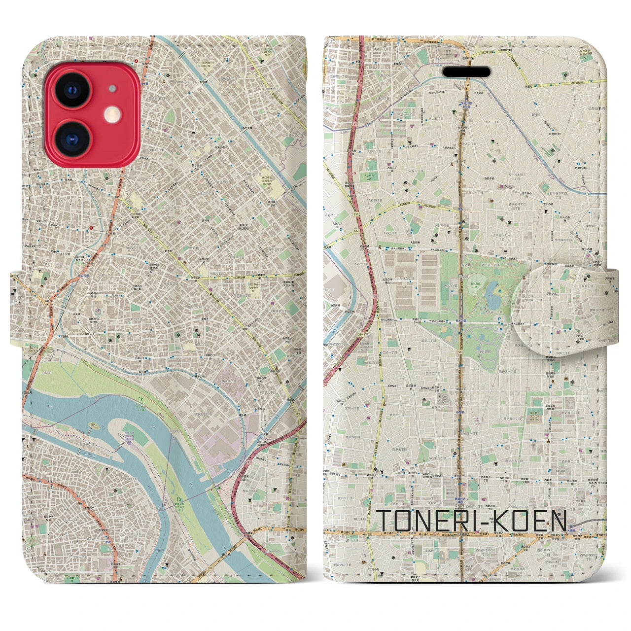 【舎人公園(東京都)】地図柄iPhoneケース(手帳タイプ)ナチュラル・iPhone 11 用