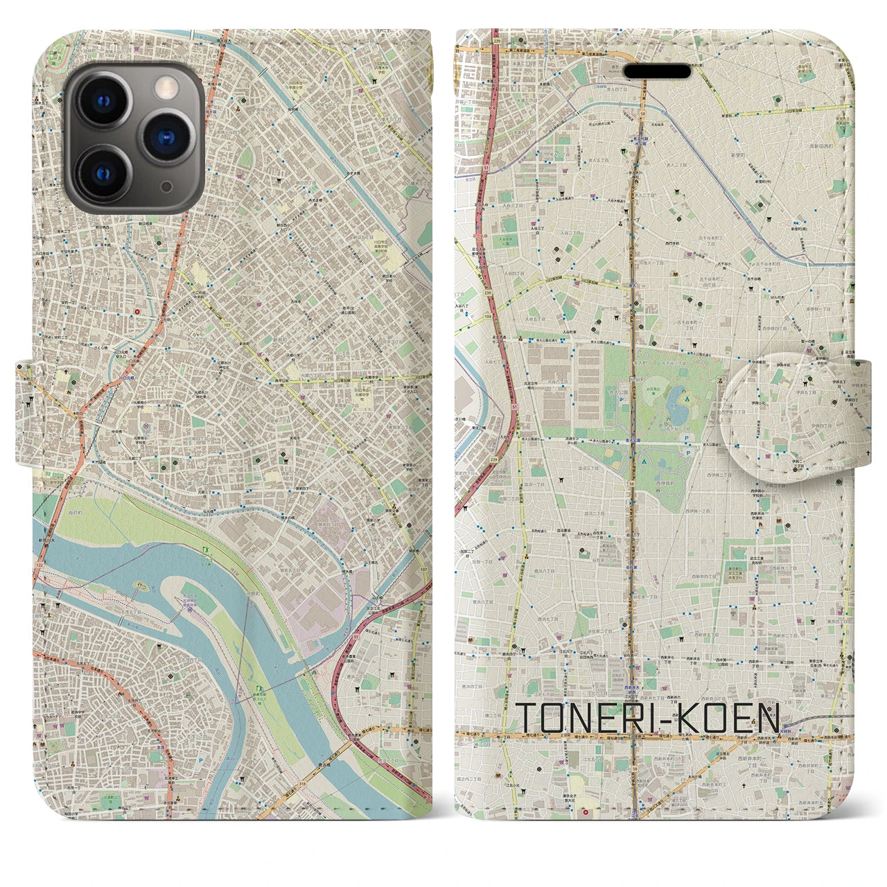 【舎人公園(東京都)】地図柄iPhoneケース(手帳タイプ)ナチュラル・iPhone 11 Pro Max 用