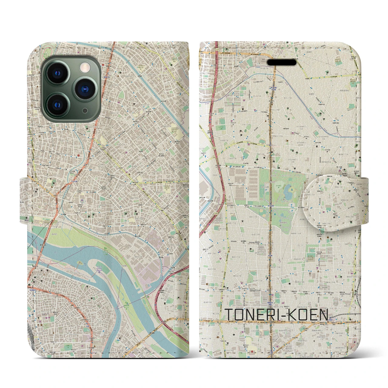 【舎人公園(東京都)】地図柄iPhoneケース(手帳タイプ)ナチュラル・iPhone 11 Pro 用