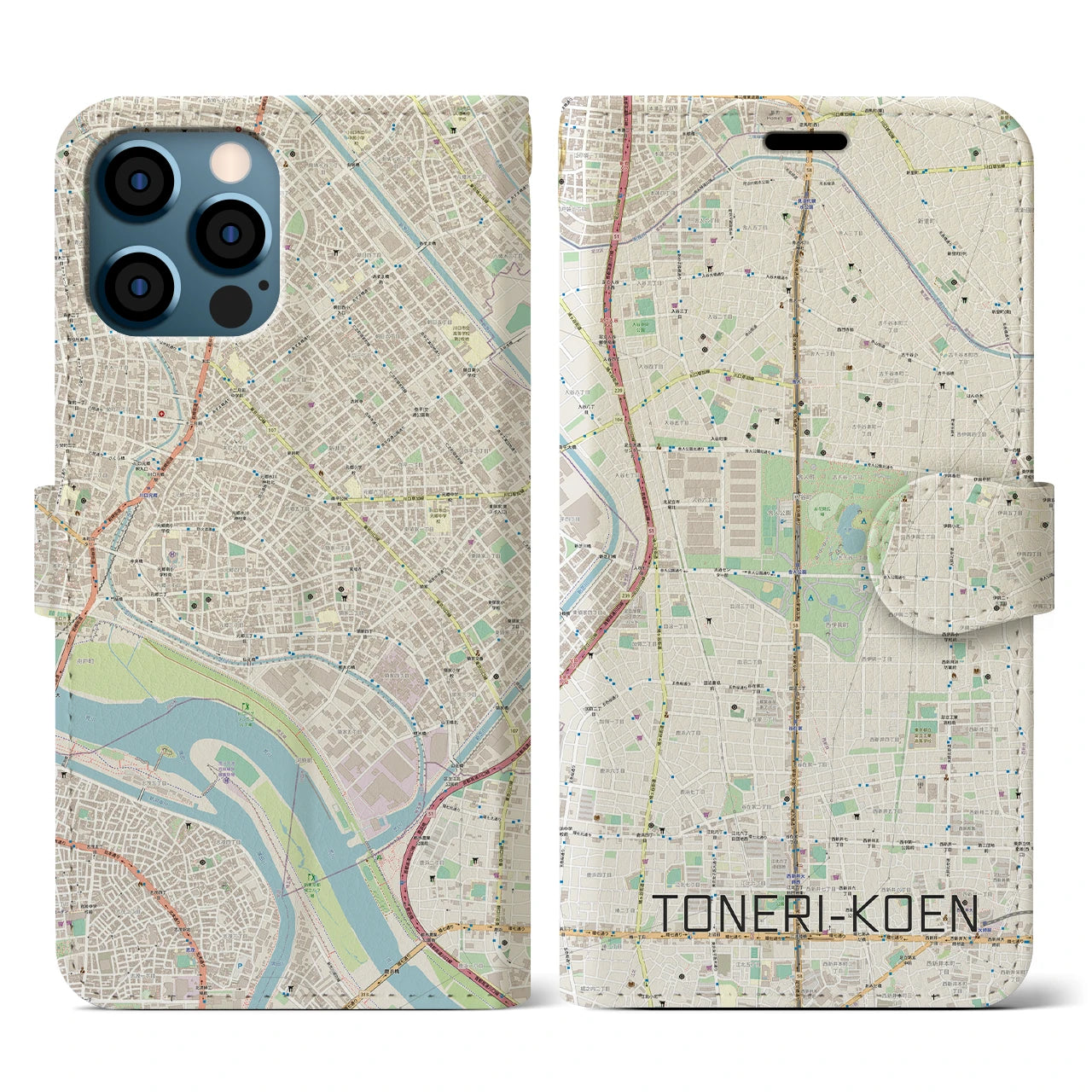 【舎人公園(東京都)】地図柄iPhoneケース(手帳タイプ)ナチュラル・iPhone 12 / 12 Pro 用