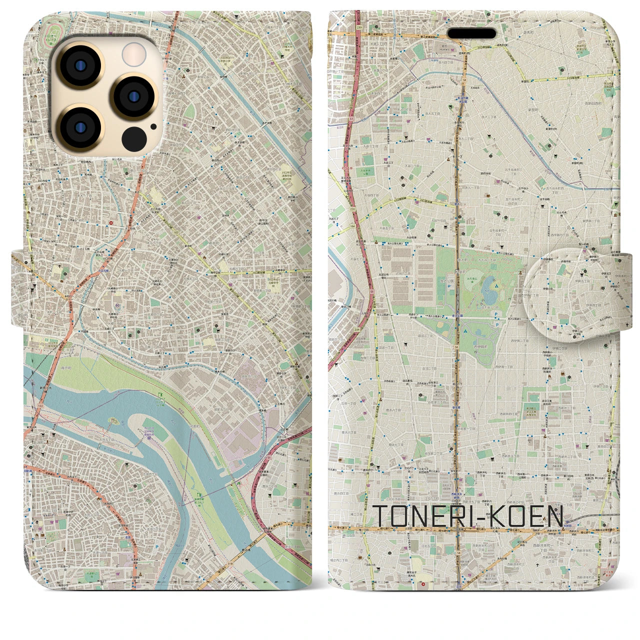 【舎人公園(東京都)】地図柄iPhoneケース(手帳タイプ)ナチュラル・iPhone 12 Pro Max 用