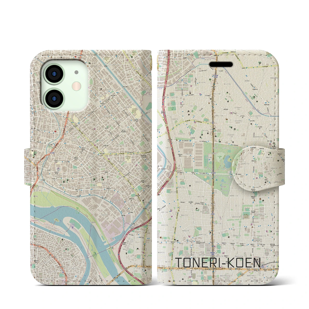 【舎人公園(東京都)】地図柄iPhoneケース(手帳タイプ)ナチュラル・iPhone 12 mini 用